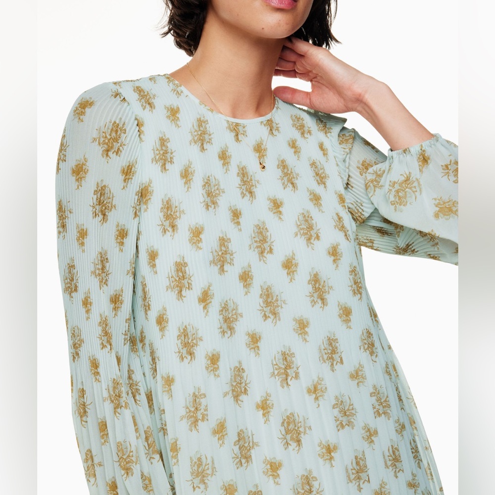 Wilfred Pale Blue Mini Dress with Gold Floral Print